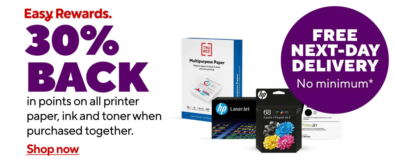 30% back in points on all ink, toner and paper in the same transaction.