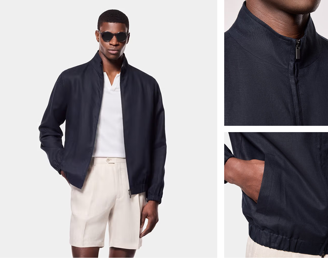 Navy Linen Bomber Jacket