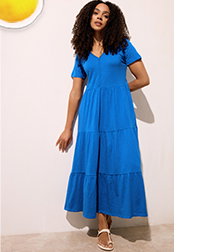 M&Co Blue Notch Neck Tiered Cotton Maxi Dress