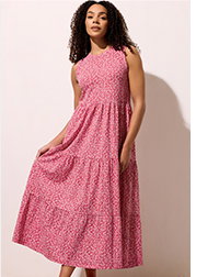M&Co Red Floral Print Cotton Tiered Maxi Dress