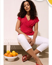 M&Co Red Grown-on Sleeve Cotton Wrap Top