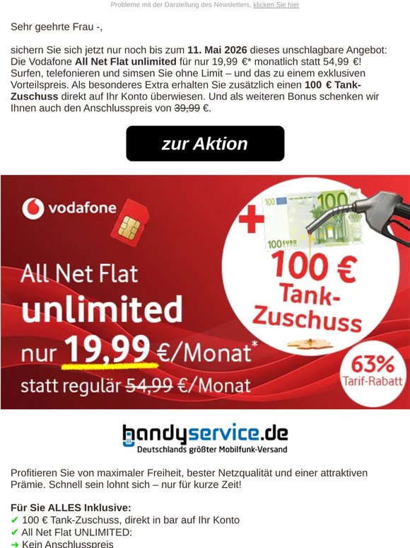 Nur bis 11. Mai! Unlimited Surfen + 100€ Tank-Zuschuss