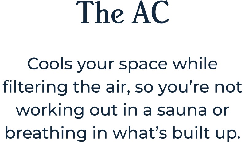 The AC Cools your space while filtering the air, so you’re not working out in a sauna or breathing in what’s built up.