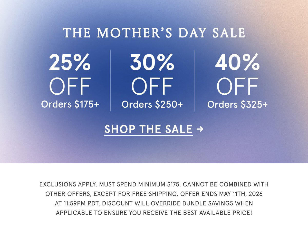 25% off $175+, 30% off $250+, 40% off $325+
