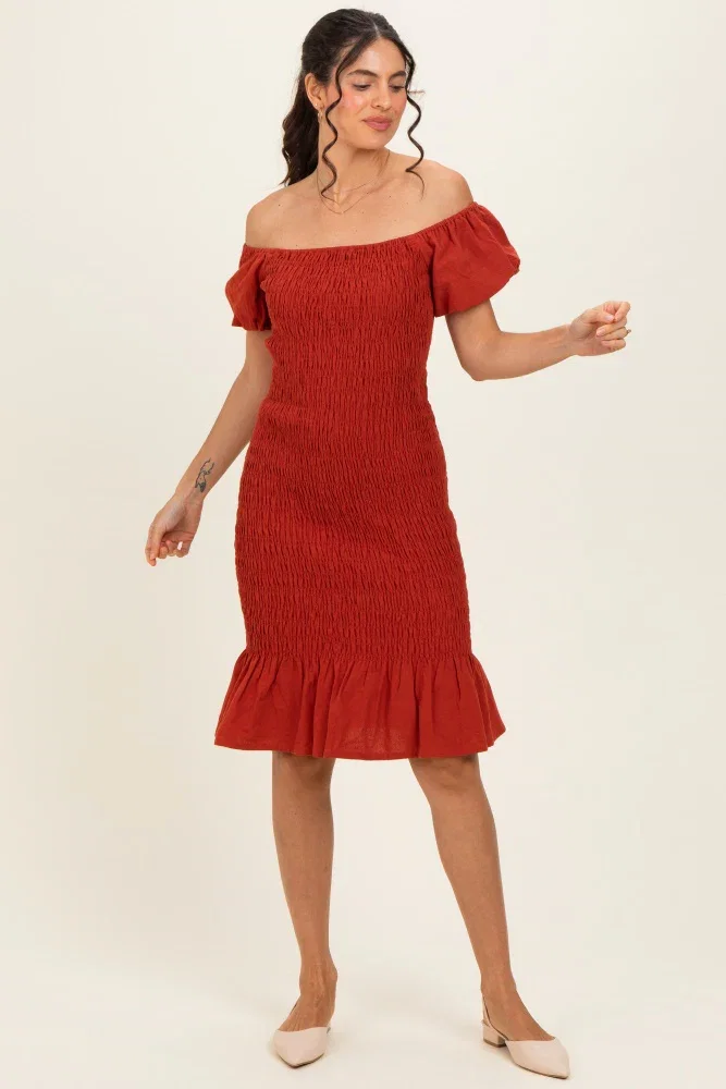 Image of Rust Smocked Off Shoulder Ruffle Hem Dress