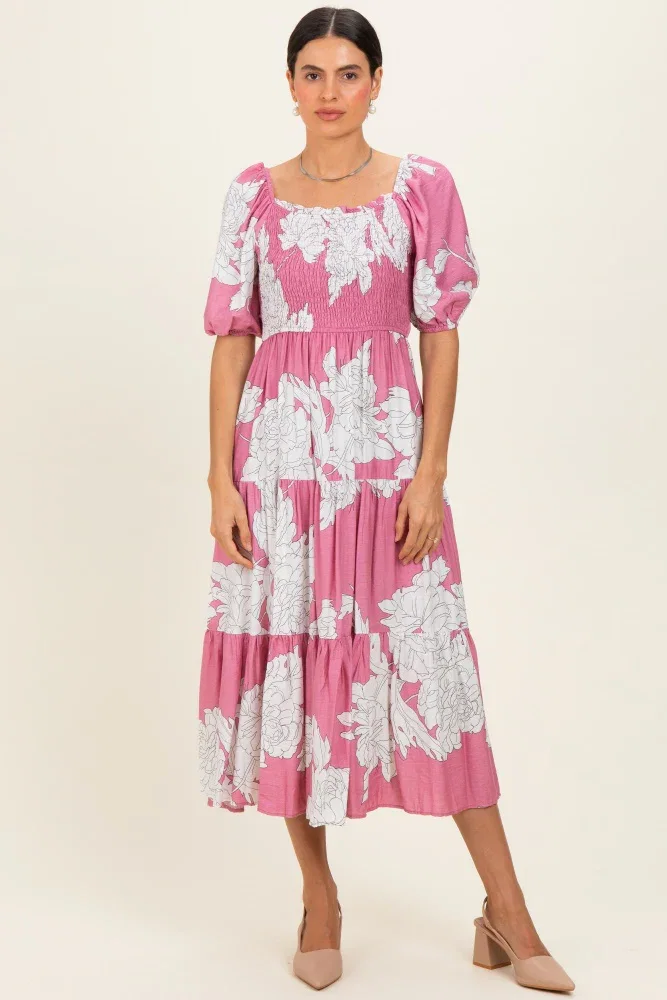 Image of Pink Floral Cutout Tie Back Midi Dress