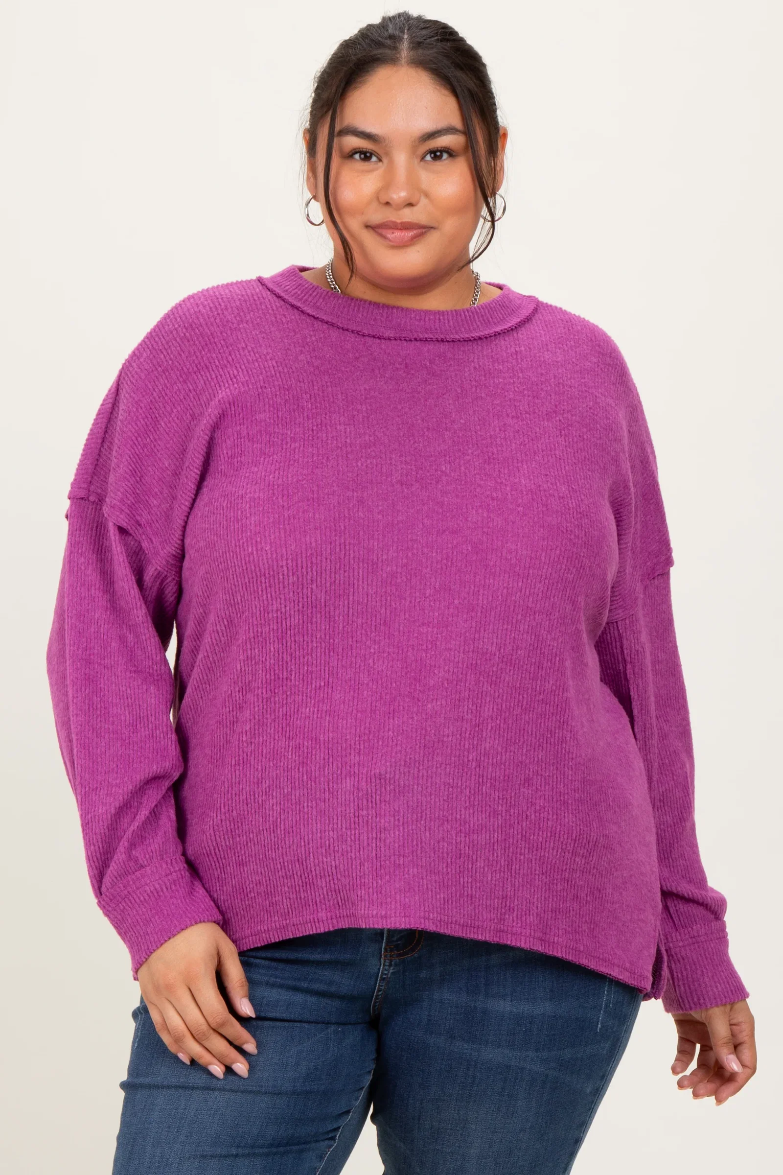 Image of Plum Brushed Ribbed Knit Plus Pullover