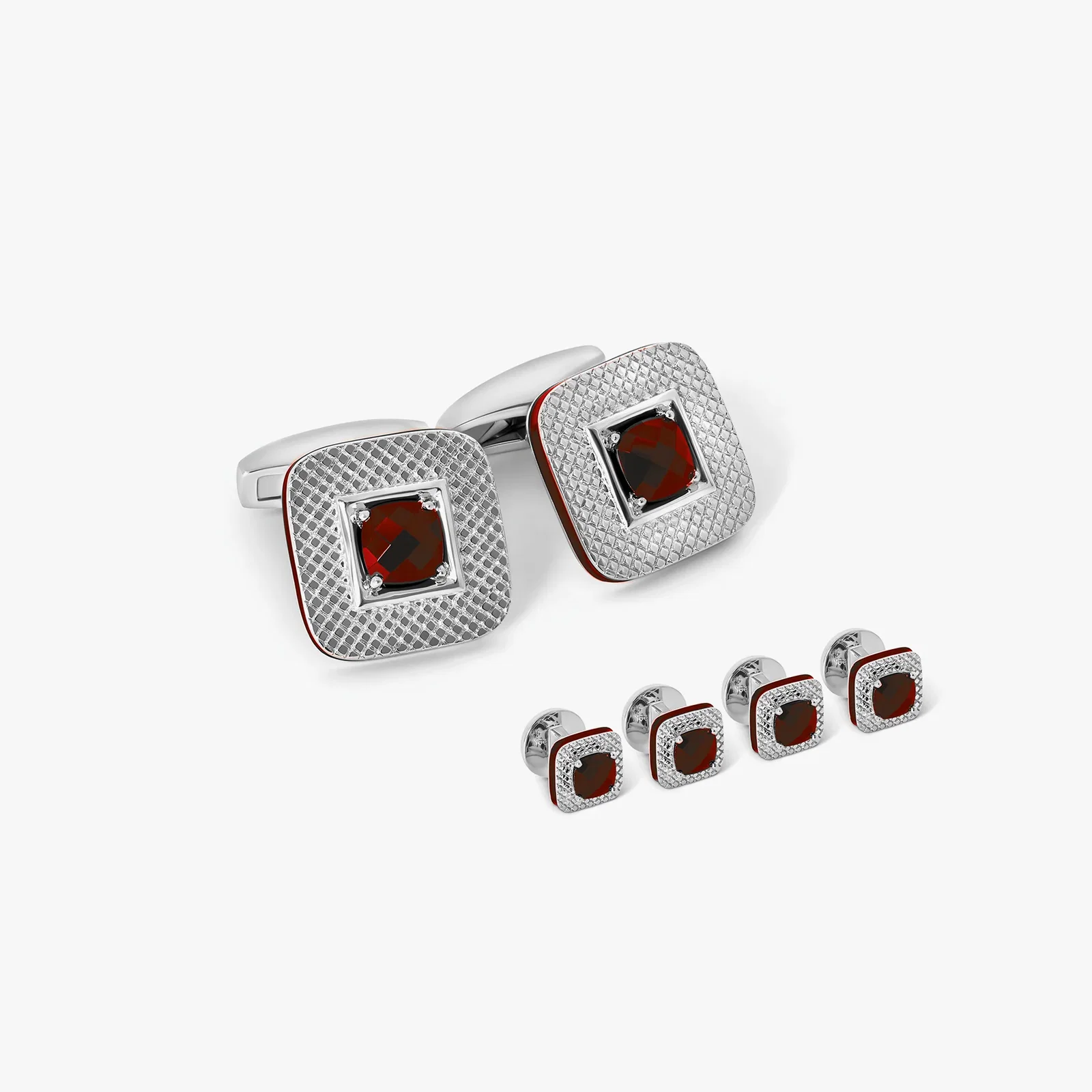 Image of Refratto Cufflink and Shirt Studs in Rhodium Plated Silver with Red Garnet