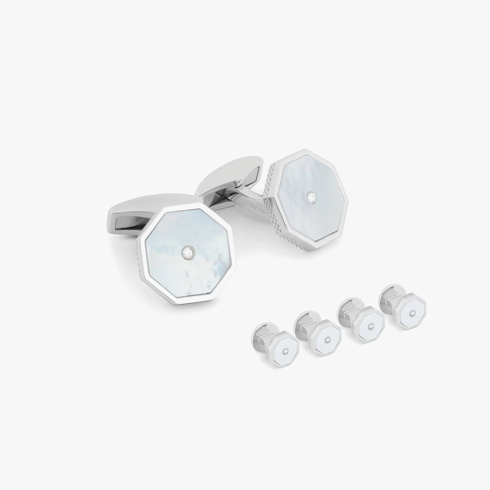 Image of London Eye Cufflinks And Studs Set in Rhodium Plated Silver with White Diamonds and MOP