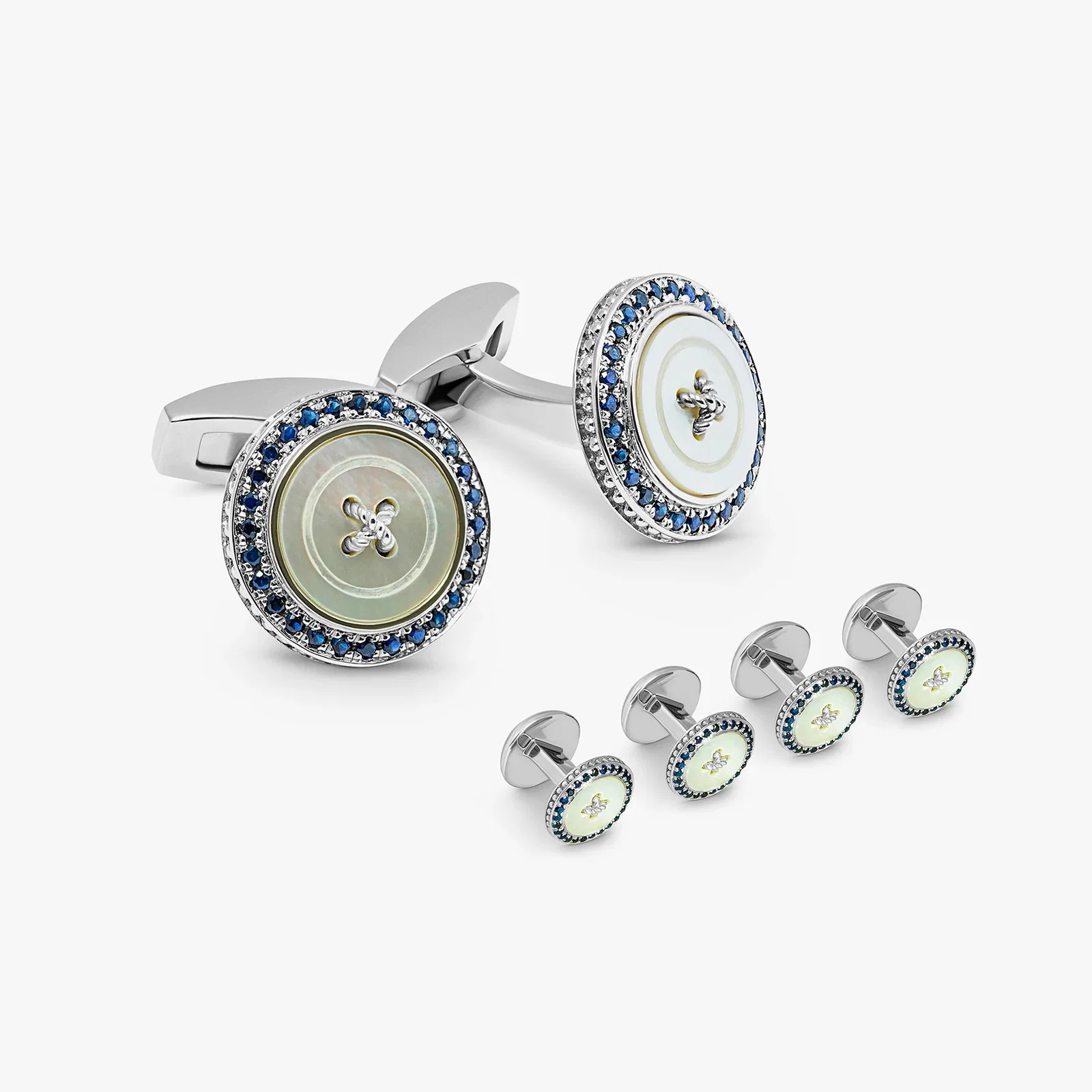 Image of Precious Button cufflink stud set with white mother of pearl and sapphires