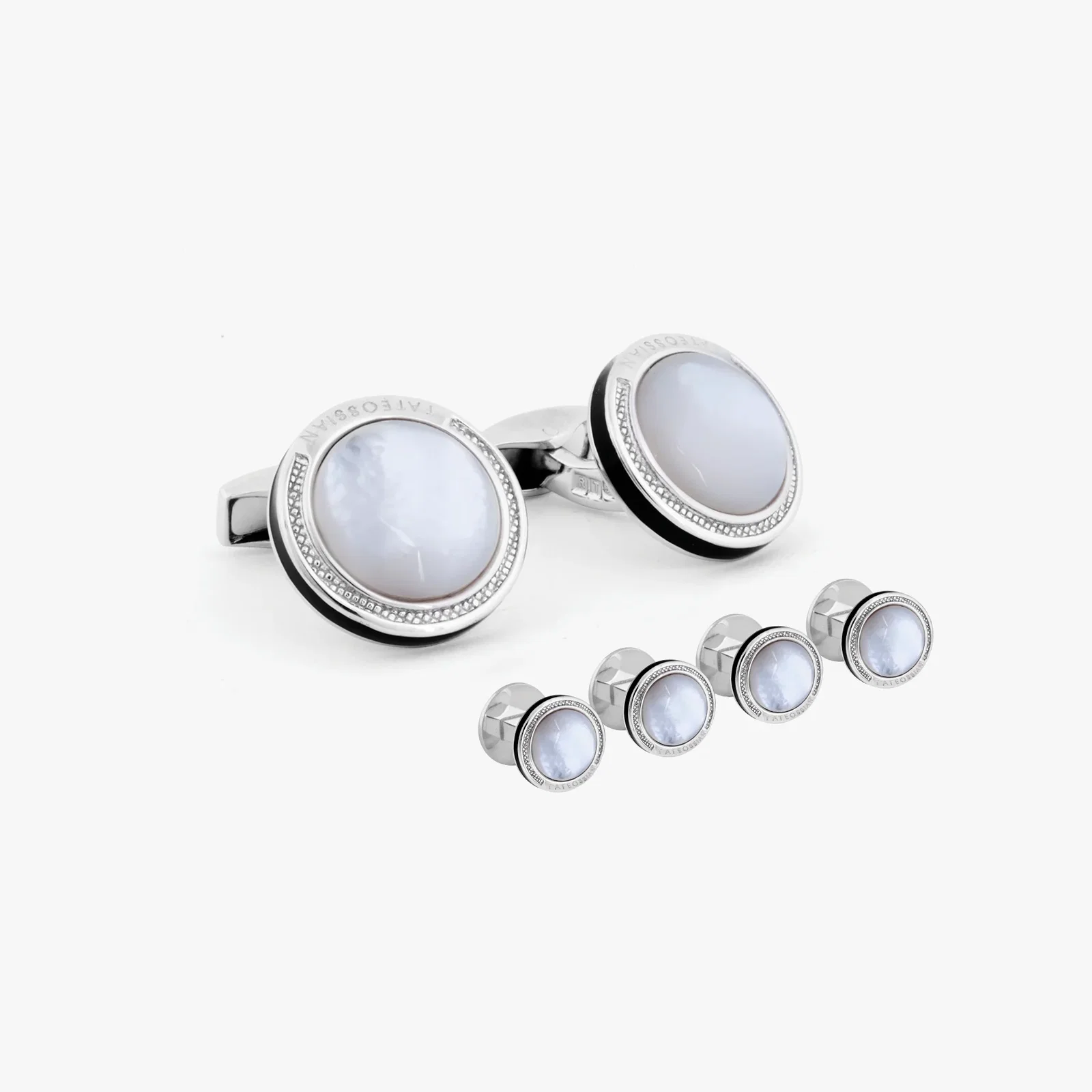 Image of Signature Round Cufflinks and Stud Set in Rhodium Plated Silver with White MOP