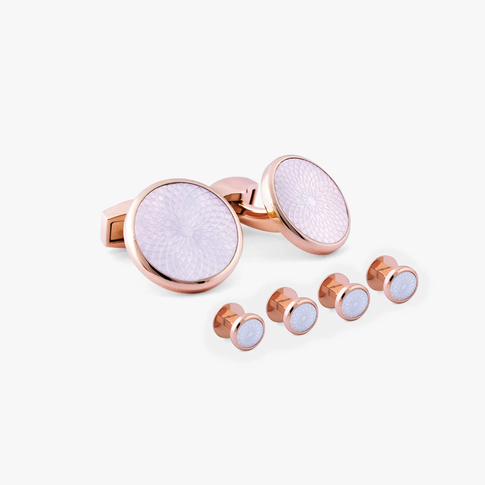 Image of Rotondo Guilloche stud set with white mother of pearl in rose gold plated stainless steel
