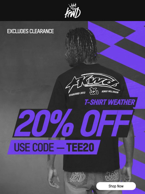 T-shirt weather — 20% off tees now 🌞