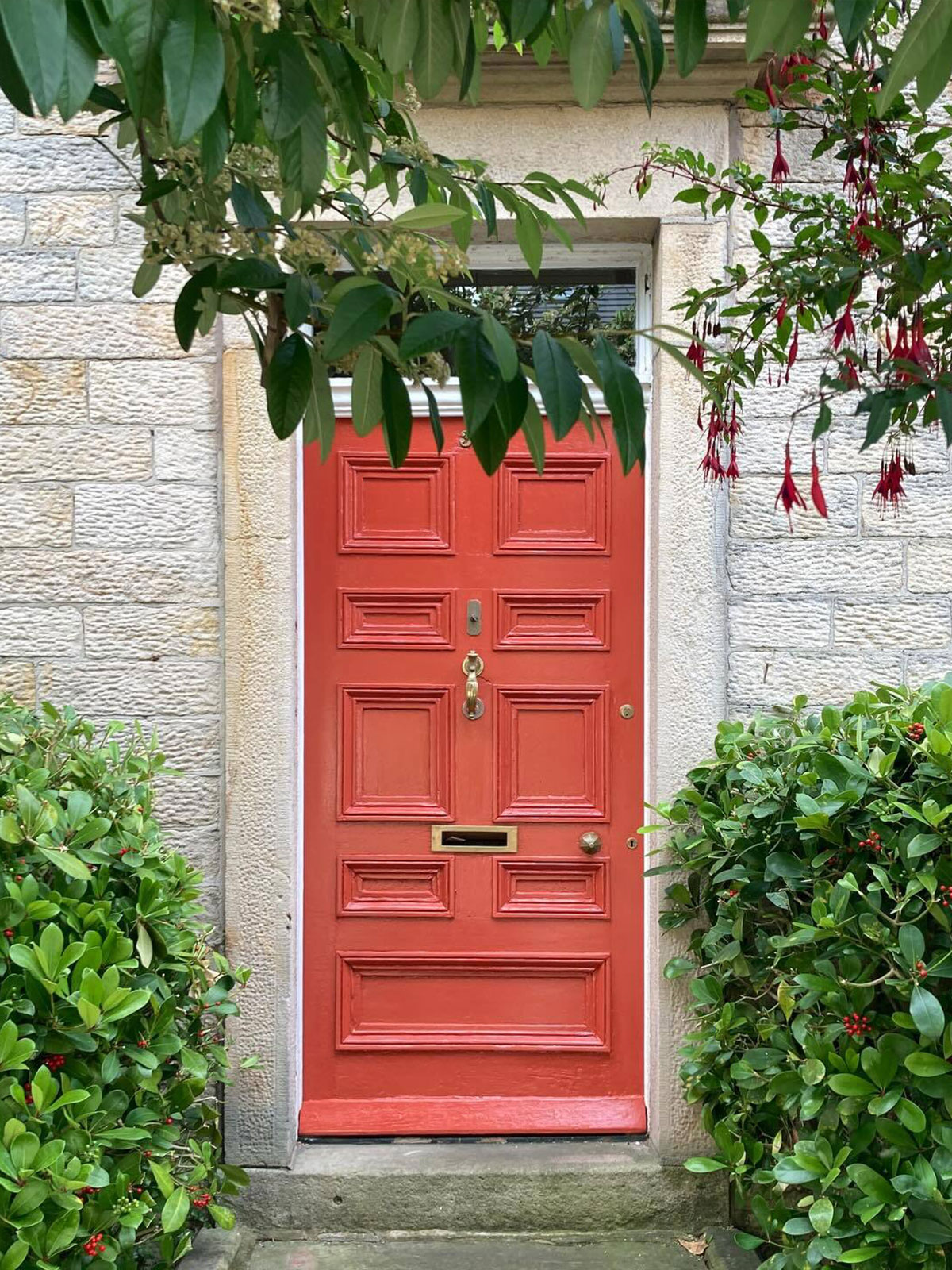 A vivid red wooden door framed by dense green foliage and red berries.