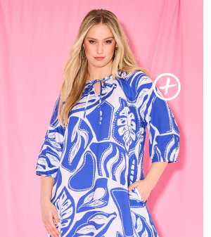 Vestido midi, estampado gráfico, cuello de túnica, manga 3/4