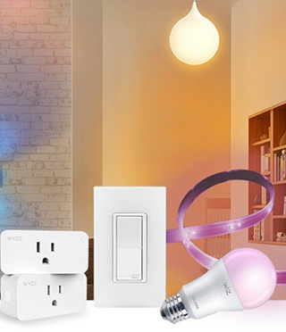 An array of smart home tech such as power outlets, light switches and light bulbs.