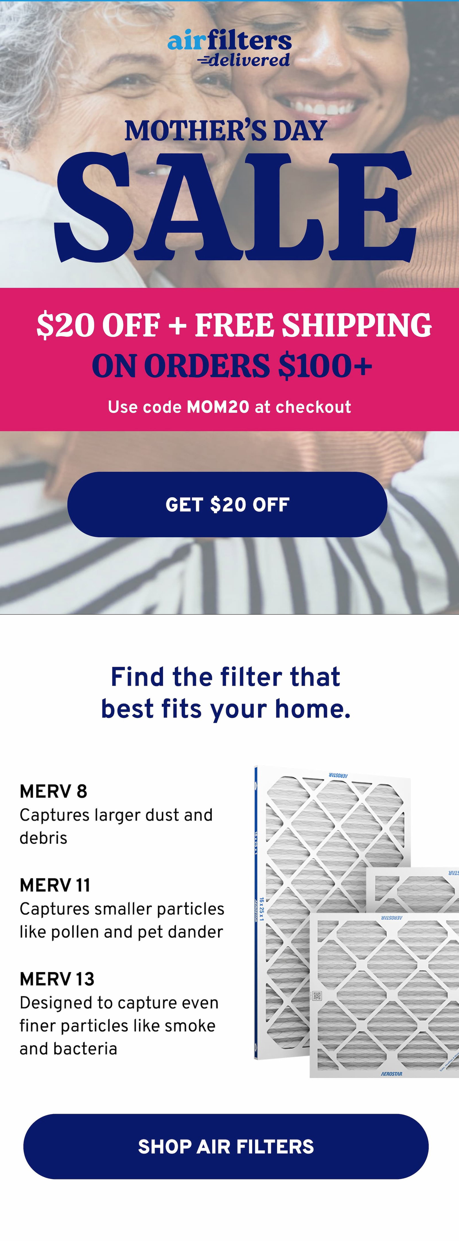Mother's Day Sale: $20 OFF + FREE Shipping on orders $100 or more.