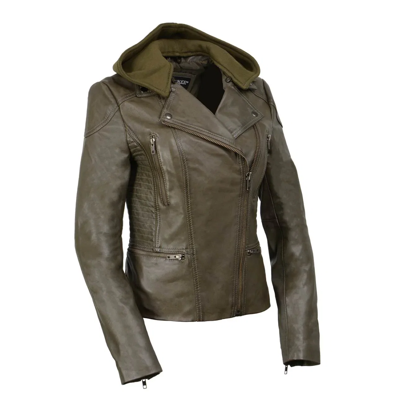 Image of Milwaukee Leather SFL2815 Womens Olive Motorcycle Style Leather Jacket with Hoodie and Asymmetrical Zipper