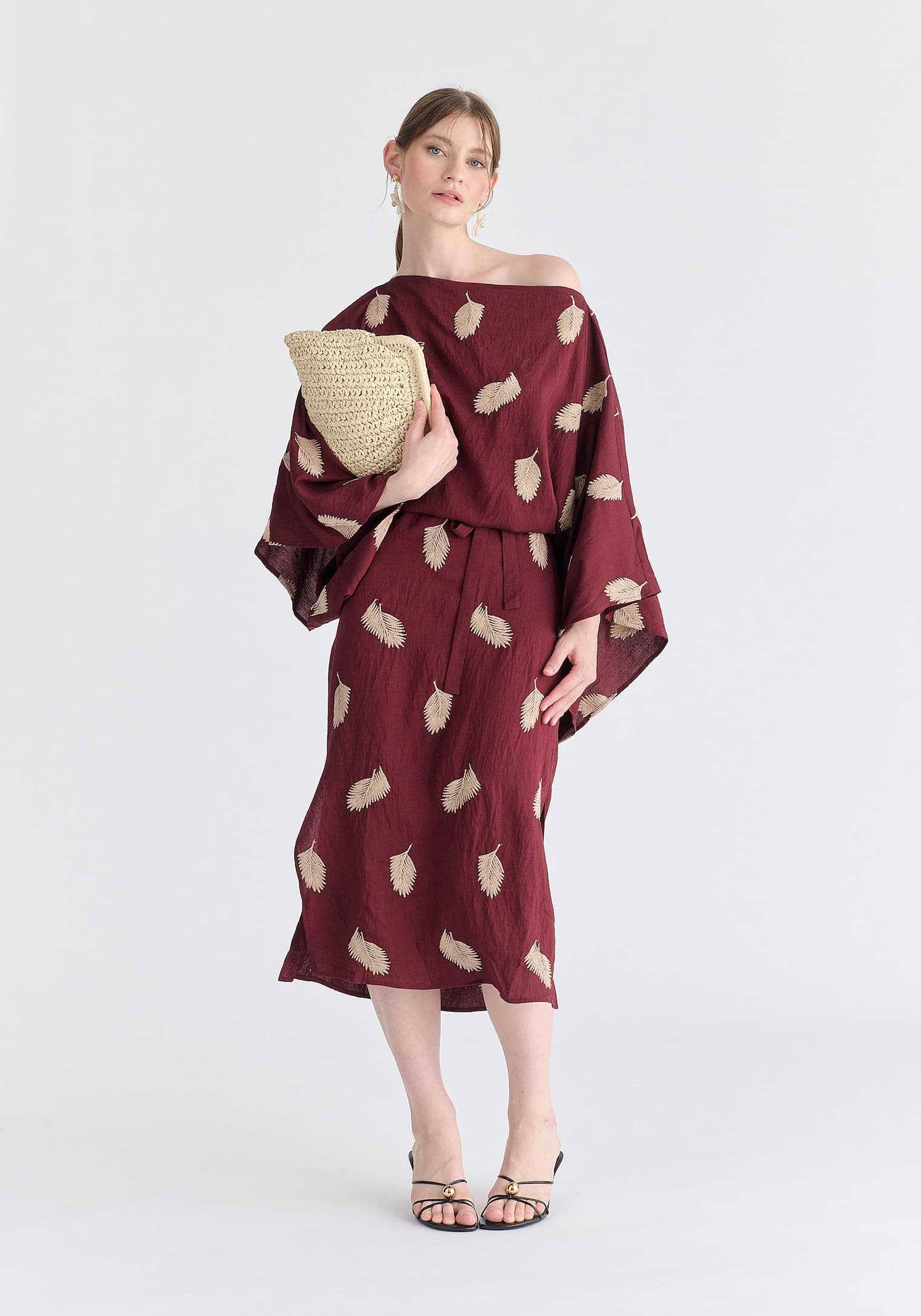 Leaf Embroidered Kimono Sleeves Midi Dress in Burgundy