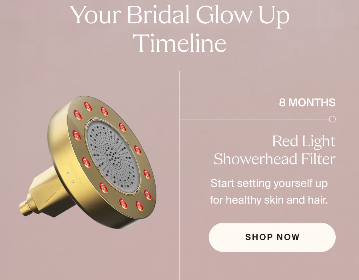 Your Bridal Glow Up Timeline | 8 months | Red Light Showerhead Filter | Start setting yourself up for healthy skin and hair. | shop now