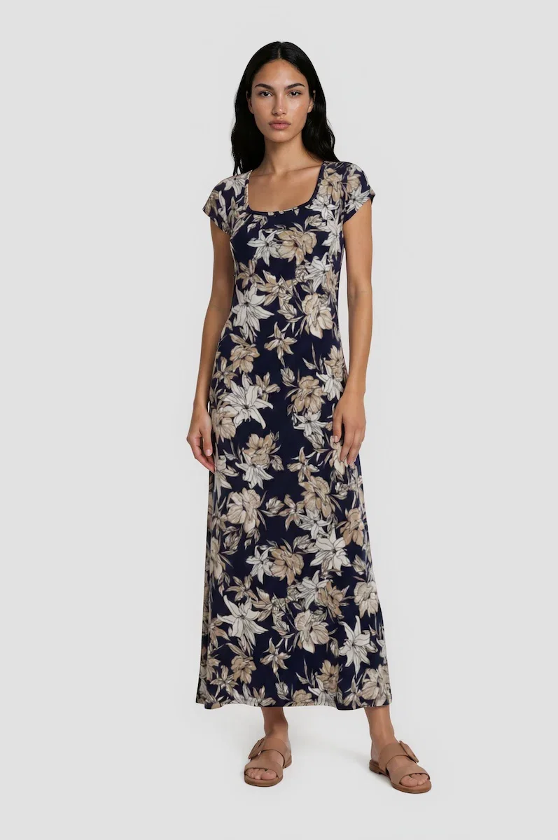 Image of Short Sleeve Printed Maxi Dress - Navy