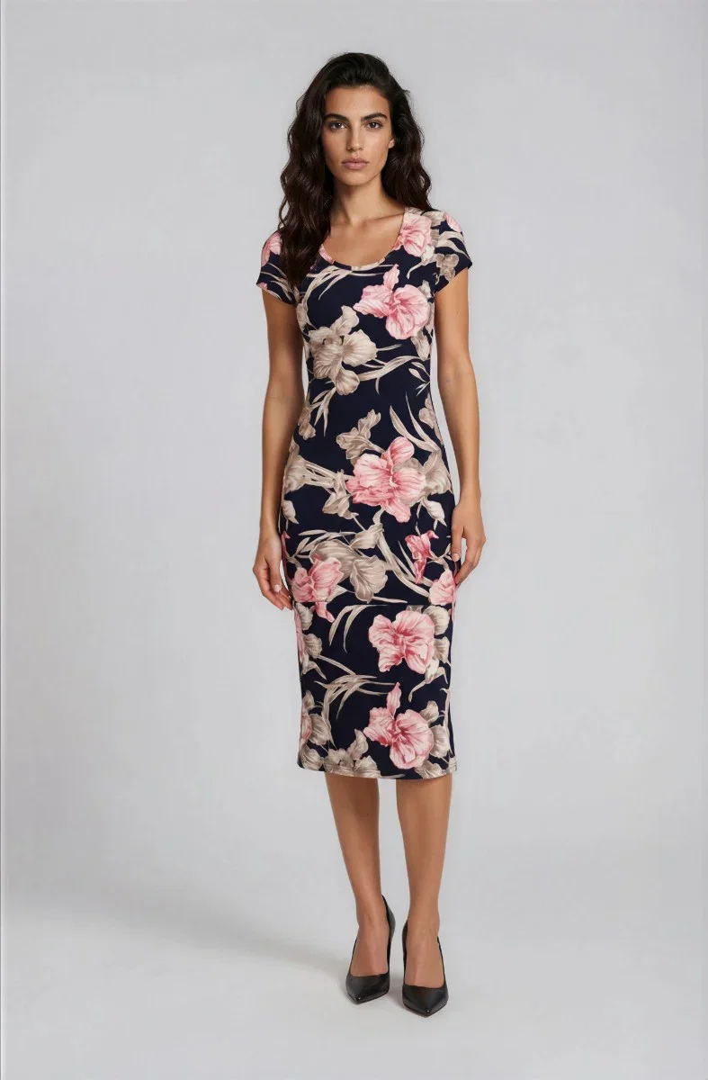 Image of Printed Short Sleeve Midi Dress - Navy