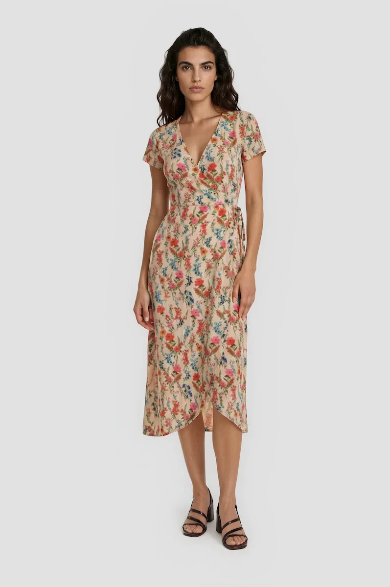 Image of Short Sleeve Wrap Midi Dress - Multi