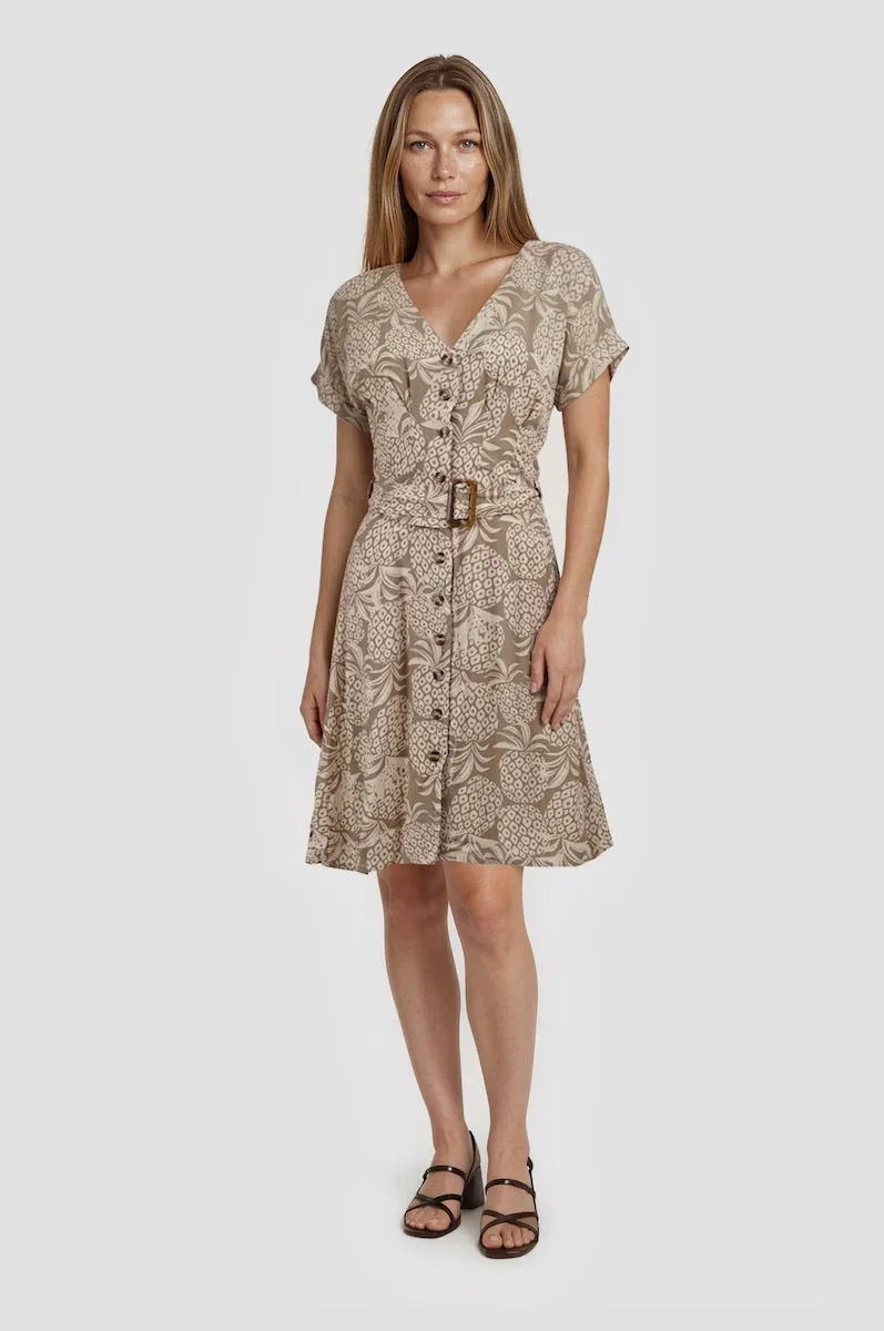 Image of V-Neck Printed Button Up Dress - Beige