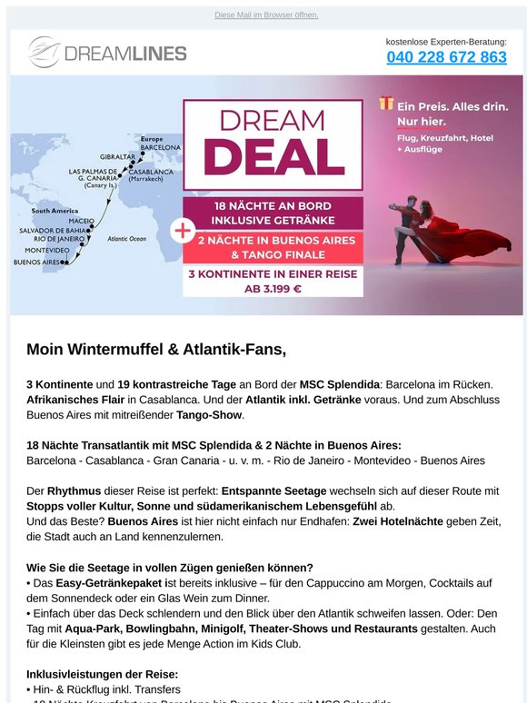 DreamDeal: 3 Kontinente ab 3.199 € + Getränkepaket🍹