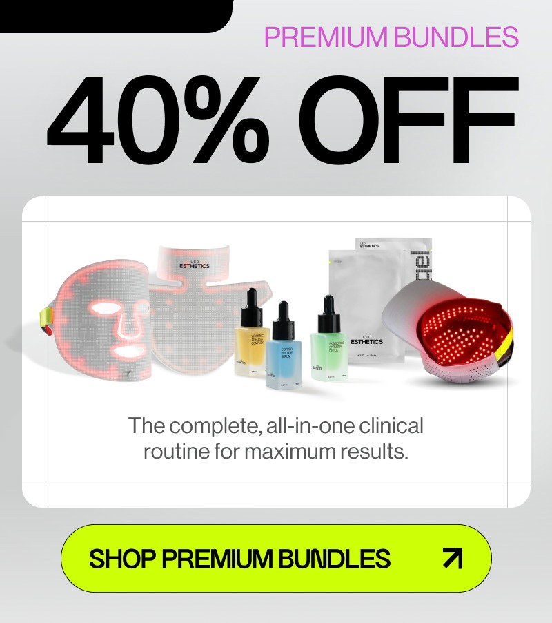 grey background, text, mask, collar, hat wit a led device, serums, gels, text and green button