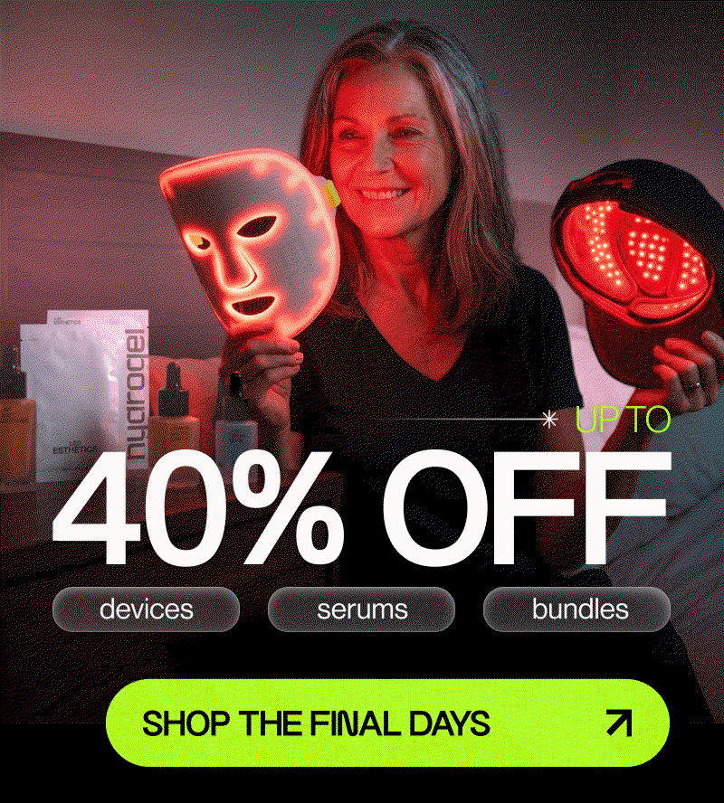 Blond women holdin mask and hat with a led device, text and green button
