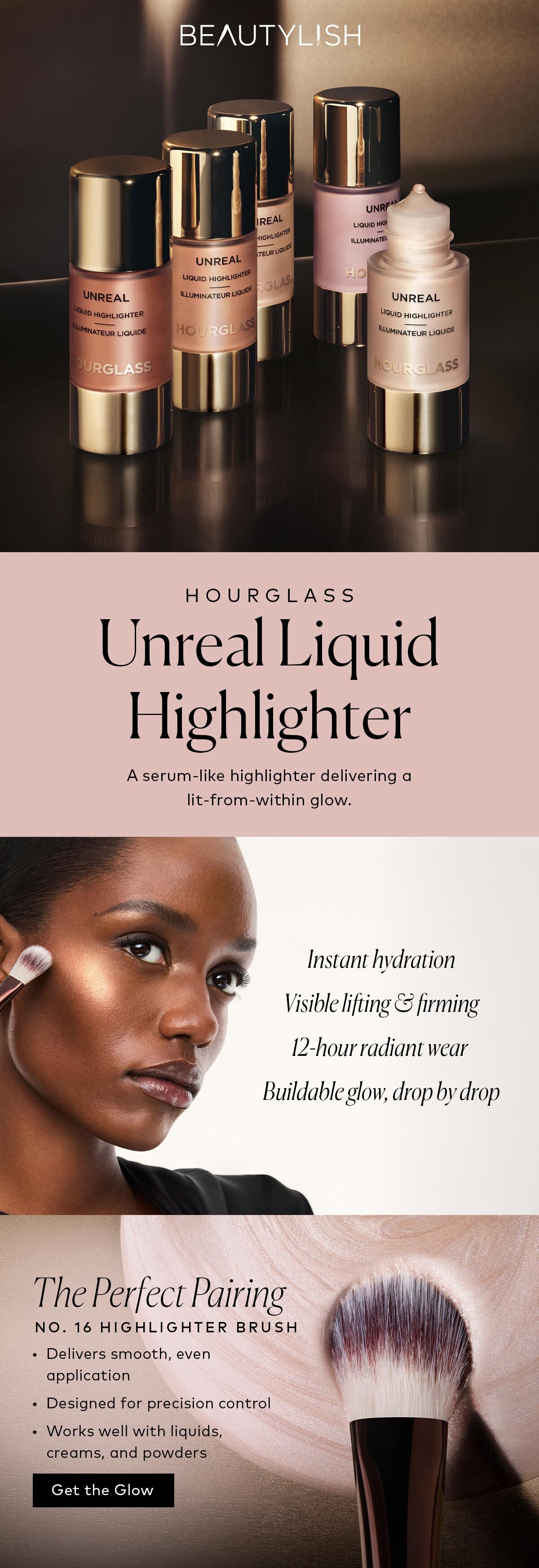A serum-like highlighter delivering a lit-from-within glow. Shop the Hourglass Unreal Liquid Highlighter at Beautylish.com