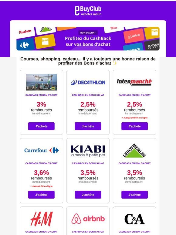 Bons d’achat = CashBack immédiat ! ✨
