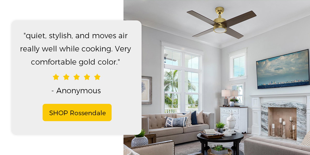 Rossendale ceiling fan in a bright living room with a five-star customer review.