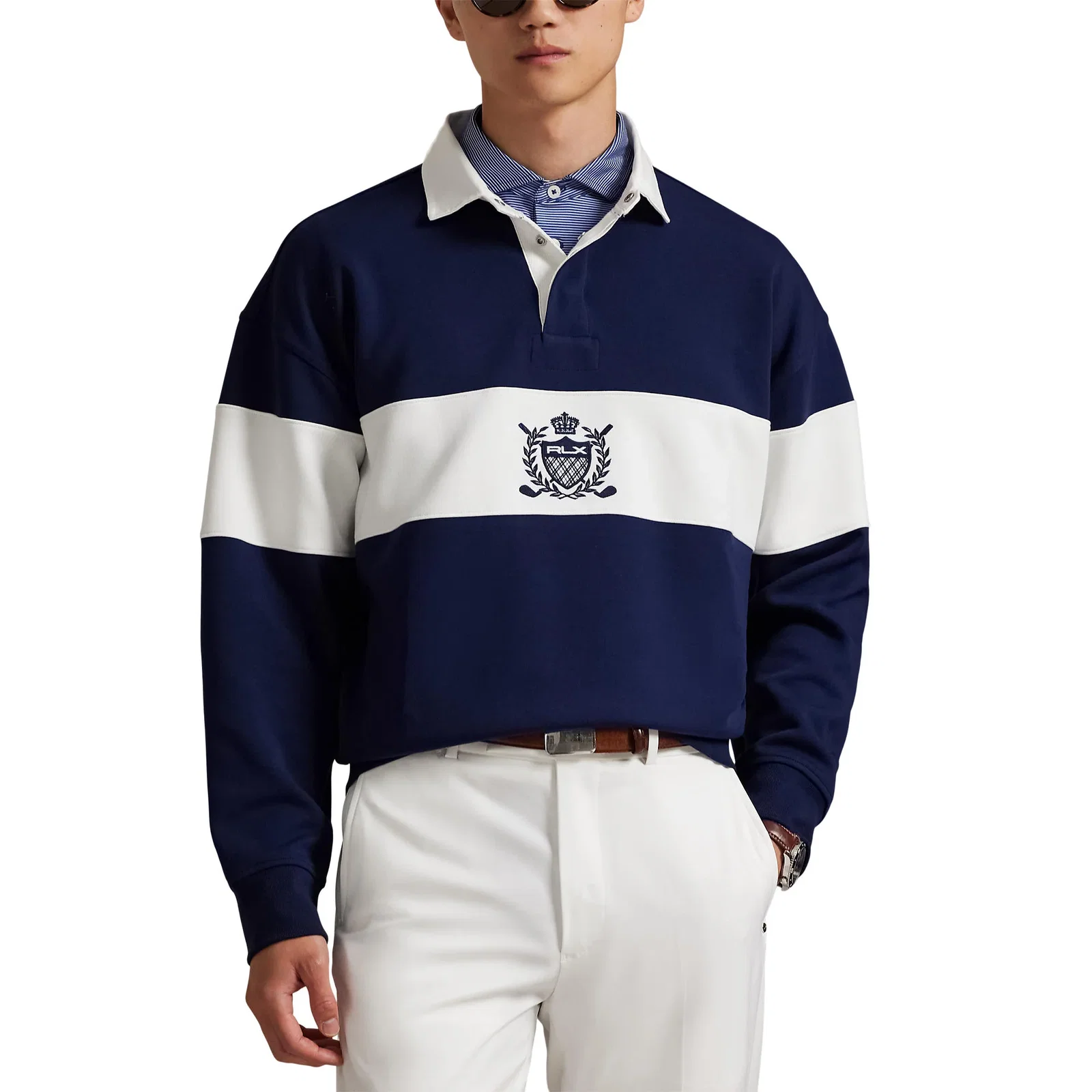 Image of RLX Ralph Lauren Classic Fit Double-Knit Crest Pullover - Refined Navy/Ceramic White