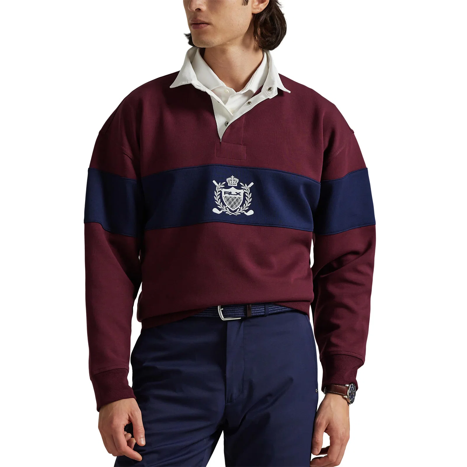 Image of RLX Ralph Lauren Classic Fit Double-Knit Tech Collar Pullover - Rich Ruby/Refined Navy