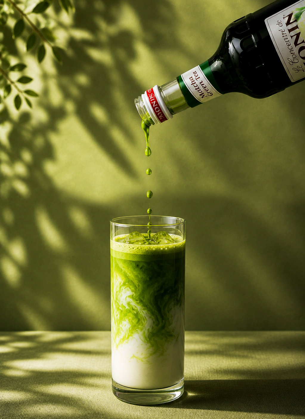 Bottle pouring vibrant matcha into an iced milk glass, creating swirling green-and-white matcha latte