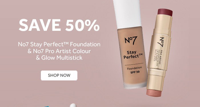 Save 50%. No7 Stay Perfect Foundation & No7 Pro Artist Colour & Glow Multistick