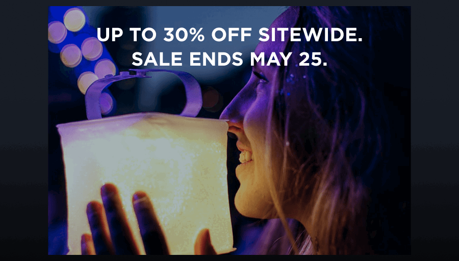 Up to 30% off sitewide. Sale ends May 25.