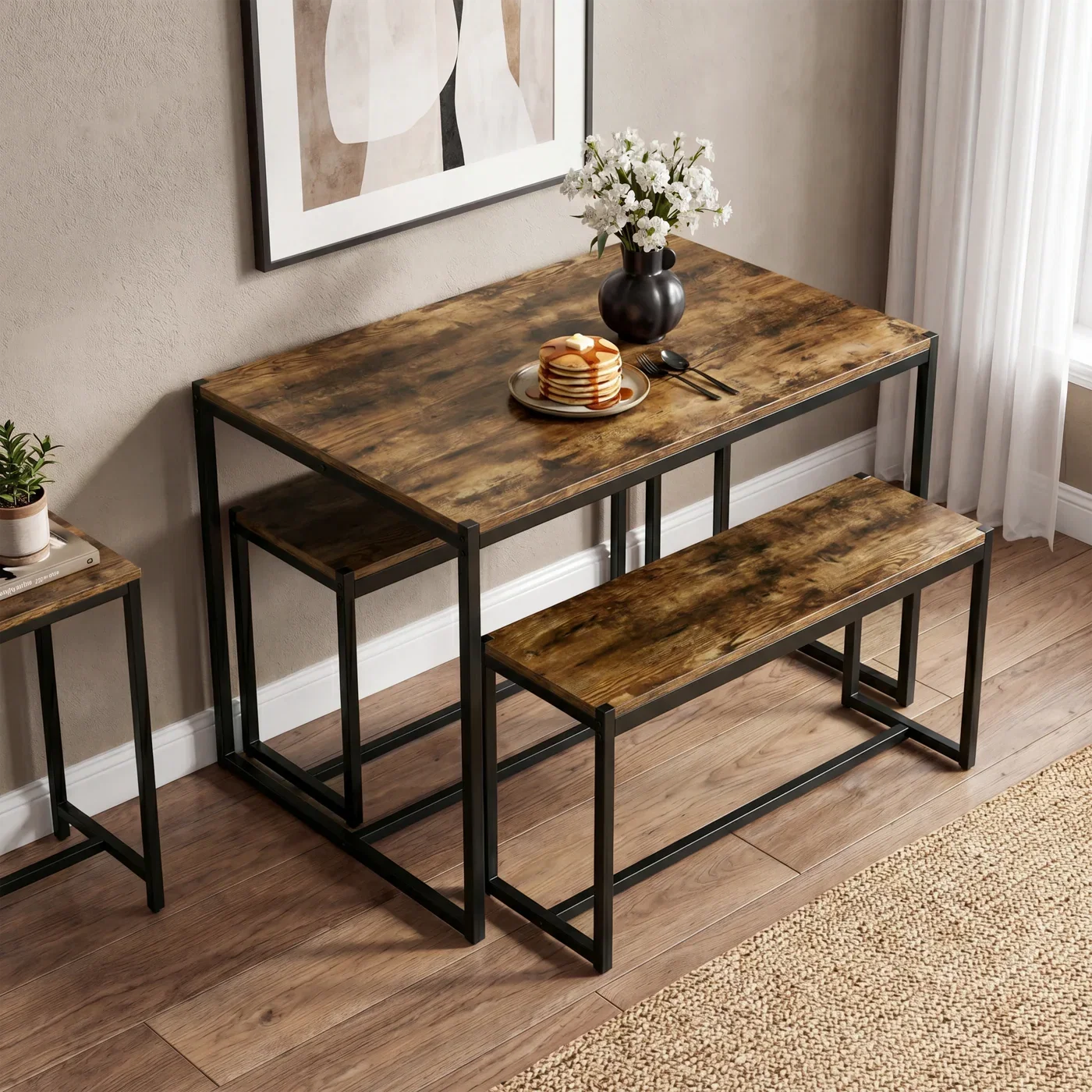 Orvak Rustic 4 Seater Dining Table with Bench
