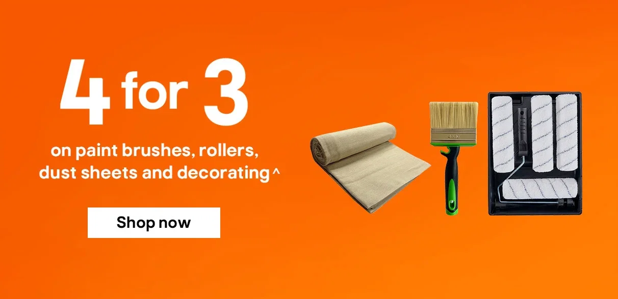 4 for 3 on paint brushes, rollers, dust sheets and decorating^ - Shop now
