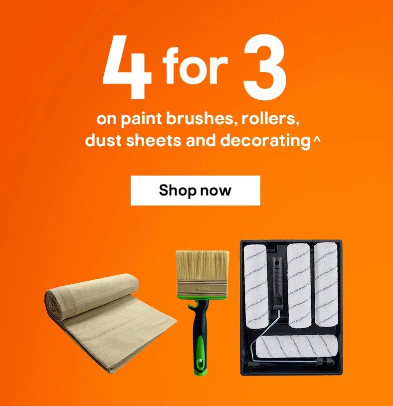 4 for 3 on paint brushes, rollers, dust sheets and decorating^ - Shop now
