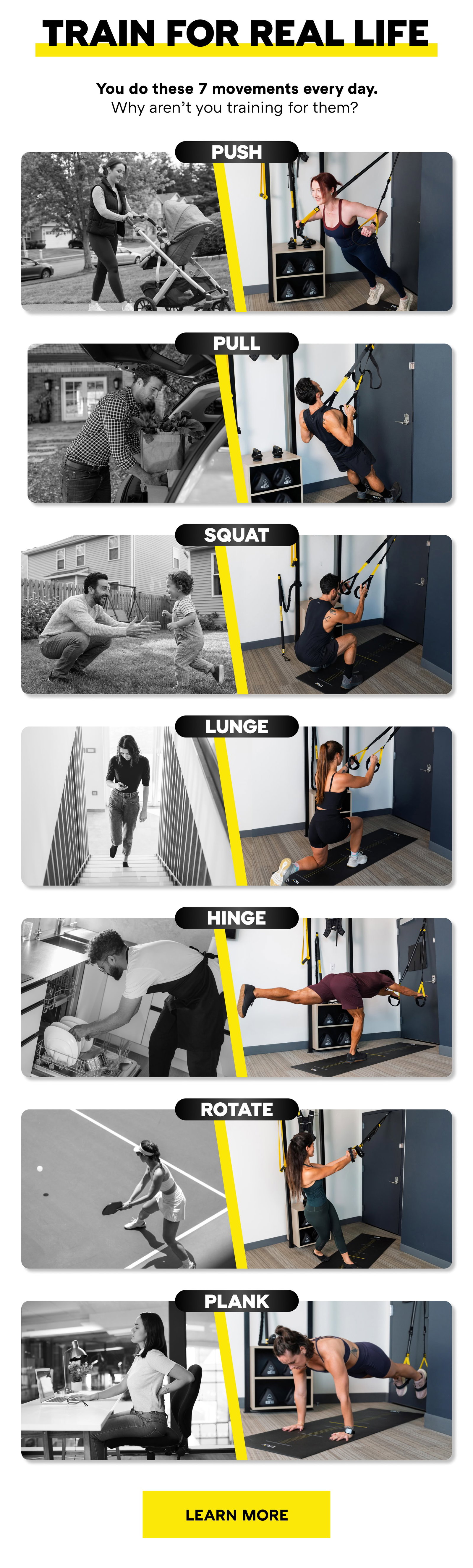 TRAIN FOR REAL LIFE You do these 7 movements every day. Why aren’t you training for them?  | PUSH, PULL, SQUAT, LUNGE, HINGE, ROTATE, PLANK 