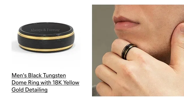 Men's Black Tungsten Dome Ring with 18K Yellow Gold Detailing
