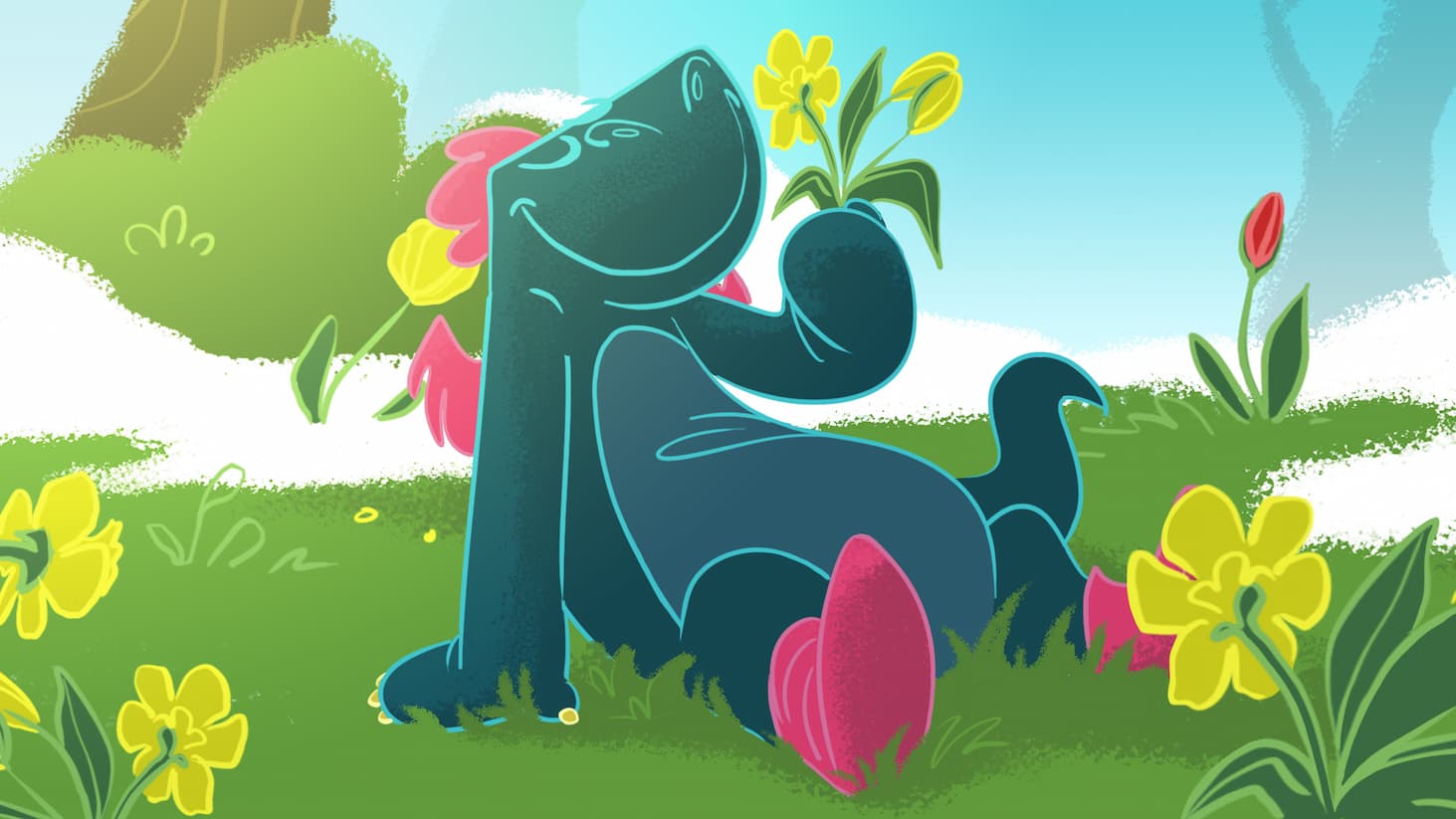 Toestie the Dragon sits in a grassy field holding a yellow flower, surrounded by colorful spring flowers.