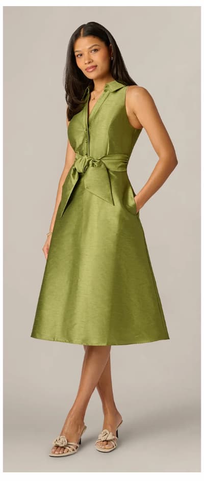 Dupioni Collared Tie Front A Line Midi Dress In Olive