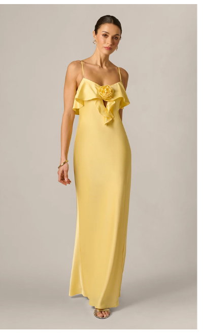 Stretch Satin Flounce Rosette Slip Gown In Butter Yellow