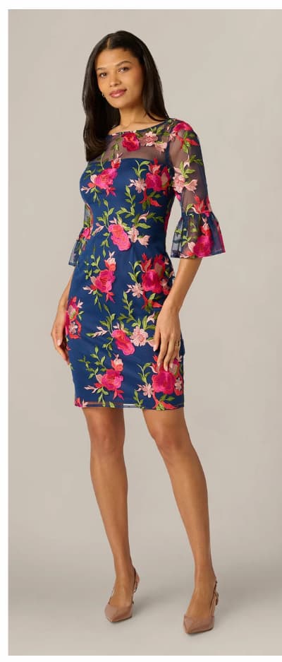 Bell Sleeve Floral Embroidered Illusion Sheath Dress In Navy Pink Multi
