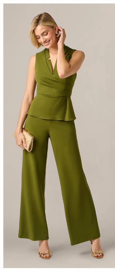 Notch Lapel Stretch Crepe Peplum Jumpsuit In Jungle Olive