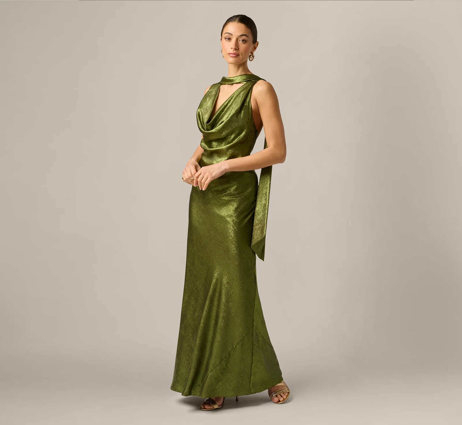 Image of Foil Chiffon Cowled Scarf Halter Gown In Dark Olive